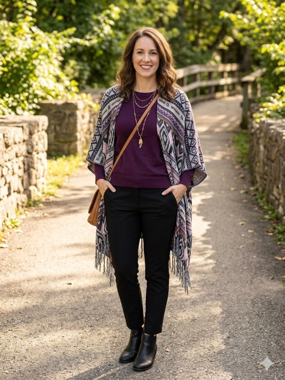 Cato Geometric Fringe Open-Front Poncho
